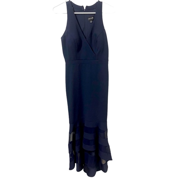 ❤️XSCAPE Womens Navy Zippered Sleeveless V Neck Midi Cocktail Mermaid Dress - Picture 6 of 9